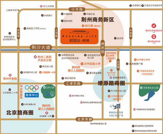 荆州市欧亚达阅城位于荆州市沙市区荆沙大道与燎原路交汇处，项目周边配套完善，交通便捷，如下：01、交通配套：1、坐落荆沙主轴，周边路网成熟，通达性强；2、背靠复兴大道，快速接驳荆州火车站及沙市机场；3、项目门前即为公交站，50路/KW1/KW6路，通达全城
