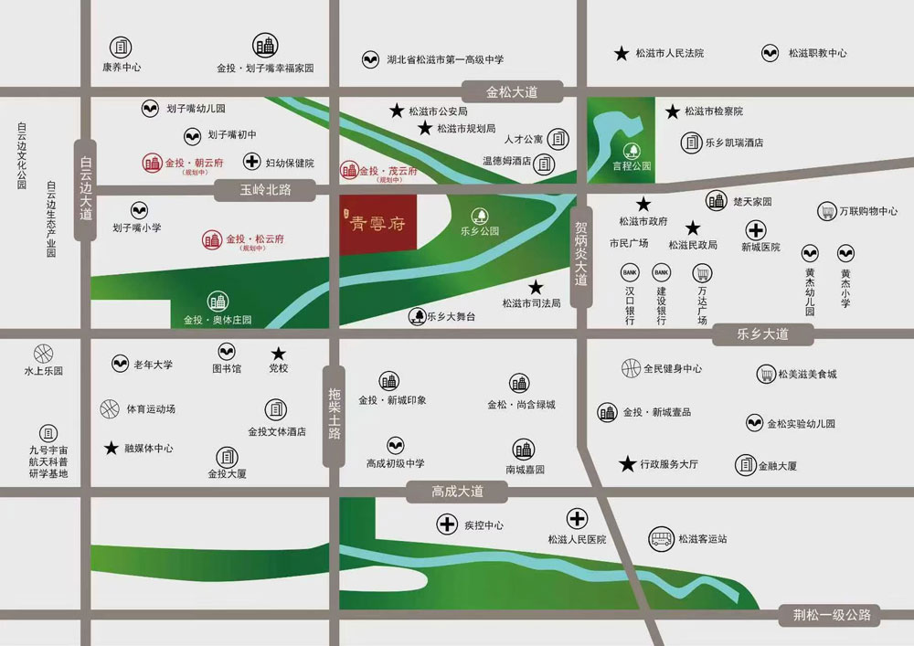 金投&middot;青云府项目位于松滋市新江口街道玉岭北路与拖柴土路交汇处